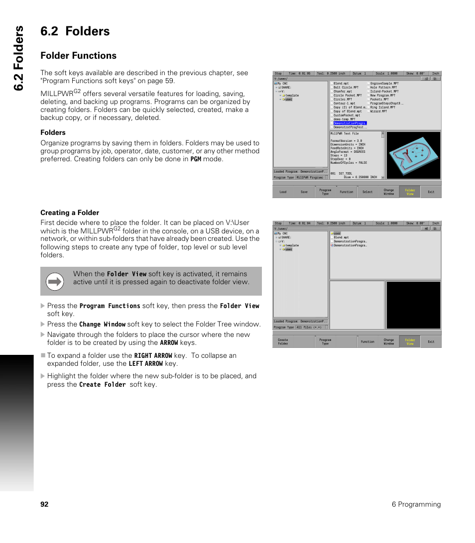 2 folders, Folder functions, Folders | Creating a folder, Folders creating a folder, 2 f o lders 6.2 folders | ACU-RITE MILLPWRG2 User Manual | Page 110 / 214