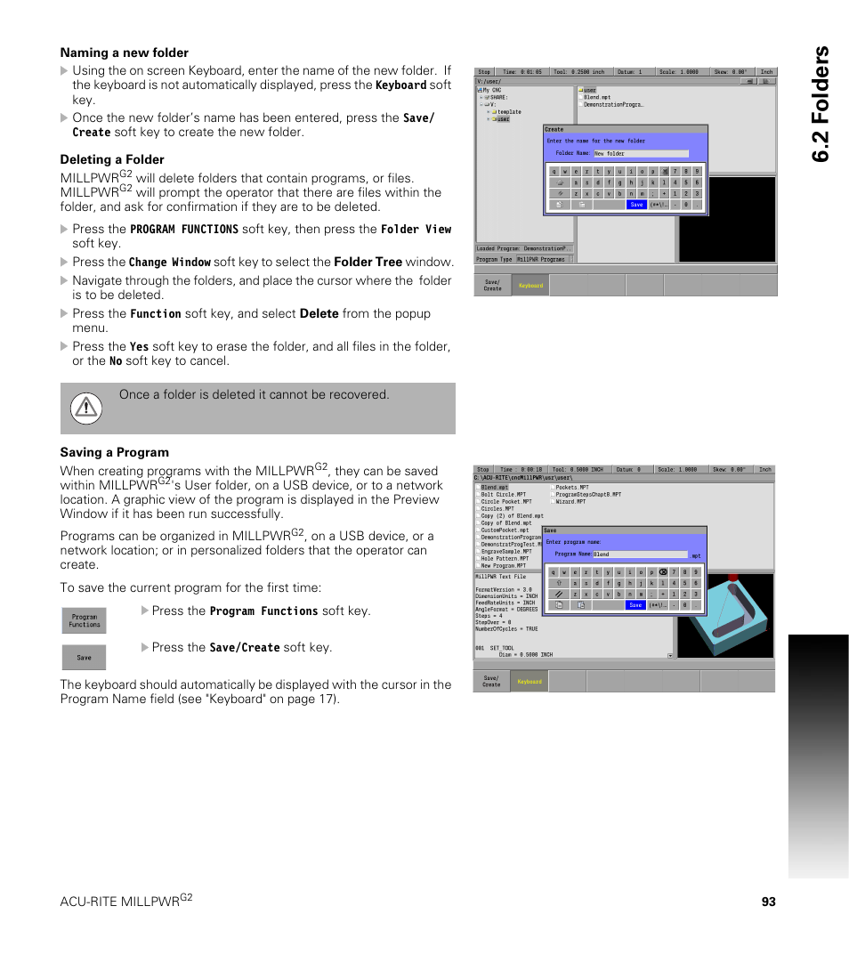 Naming a new folder, Deleting a folder, Saving a program | 2 f o lders | ACU-RITE MILLPWRG2 User Manual | Page 111 / 214