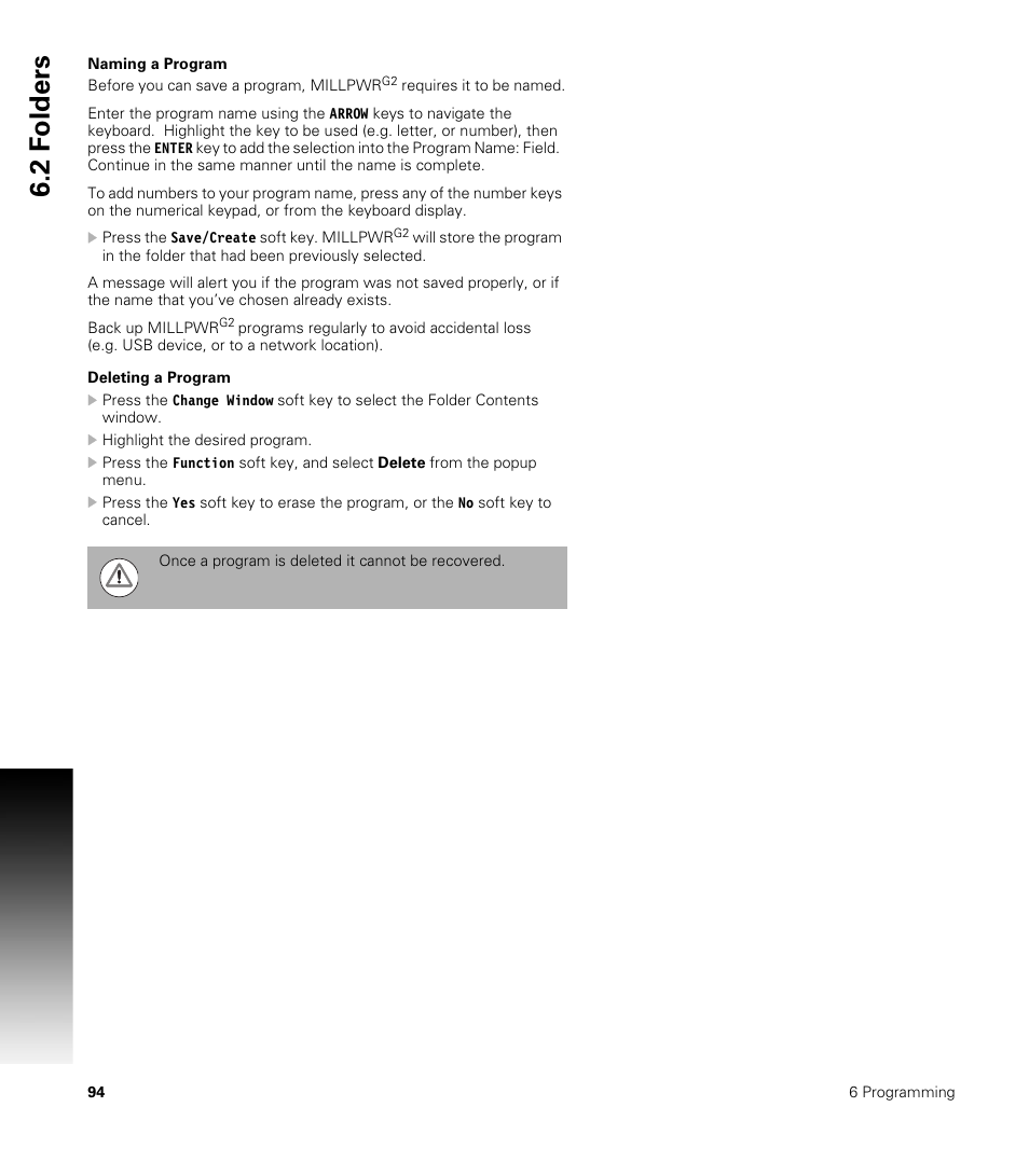 Naming a program, Deleting a program, Naming a program deleting a program | 2 f o lders | ACU-RITE MILLPWRG2 User Manual | Page 112 / 214