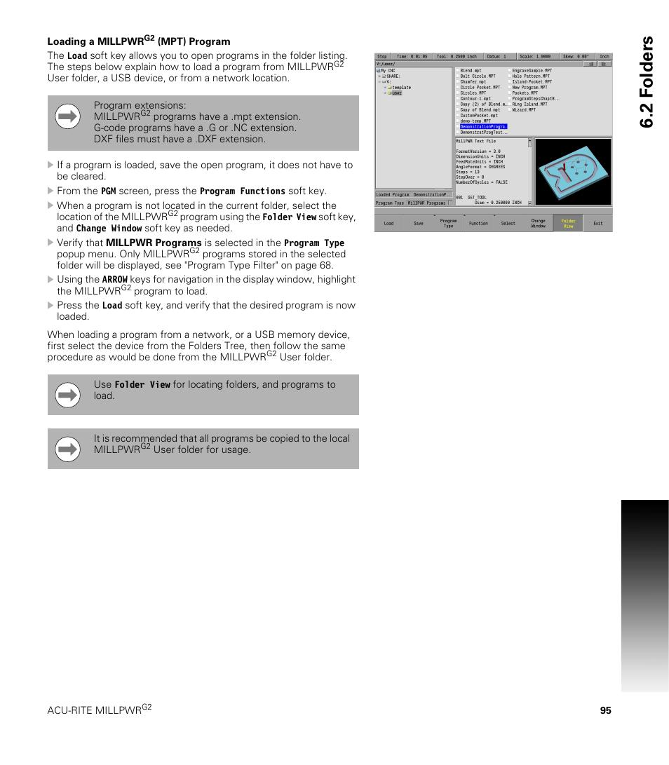 Loading a millpwrg2 (mpt) program, Loading a millpwr, 2 f o lders | ACU-RITE MILLPWRG2 User Manual | Page 113 / 214