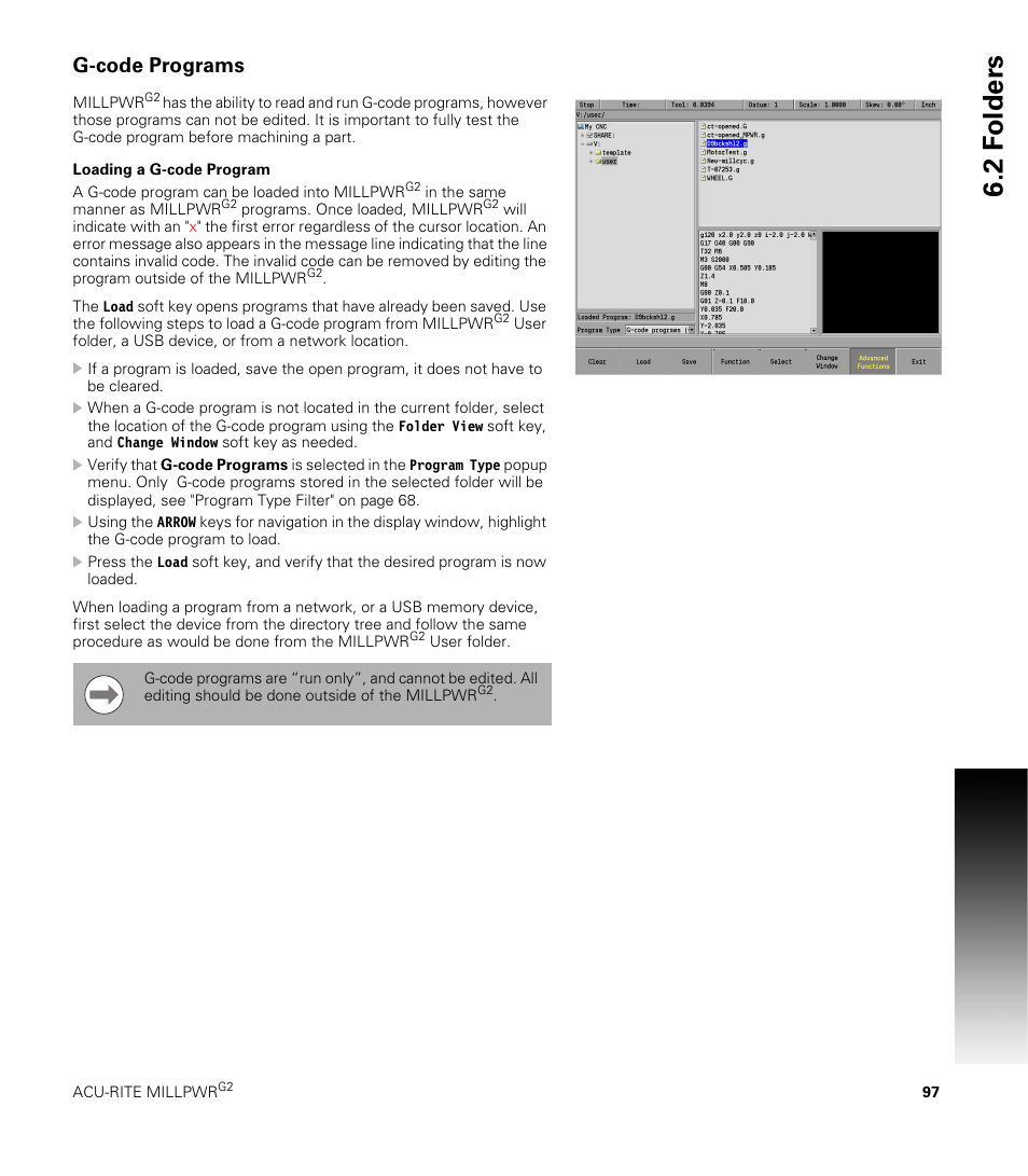 G-code programs, Loading a g-code program, 2 f o lders | ACU-RITE MILLPWRG2 User Manual | Page 115 / 214
