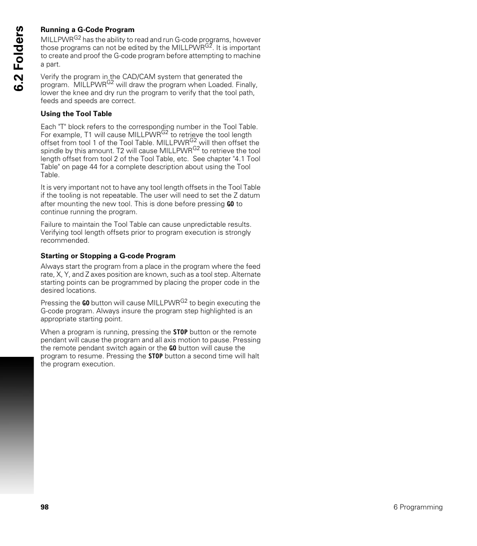 Running a g-code program, Starting or stopping a g-code program, 2 f o lders | ACU-RITE MILLPWRG2 User Manual | Page 116 / 214