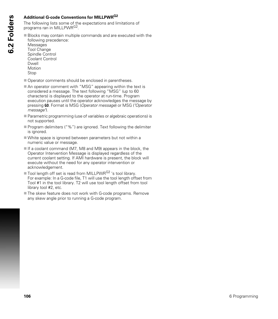 Additional g-code conventions for millpwrg2, Additional g-code conventions for millpwr, 2 f o lders | ACU-RITE MILLPWRG2 User Manual | Page 124 / 214