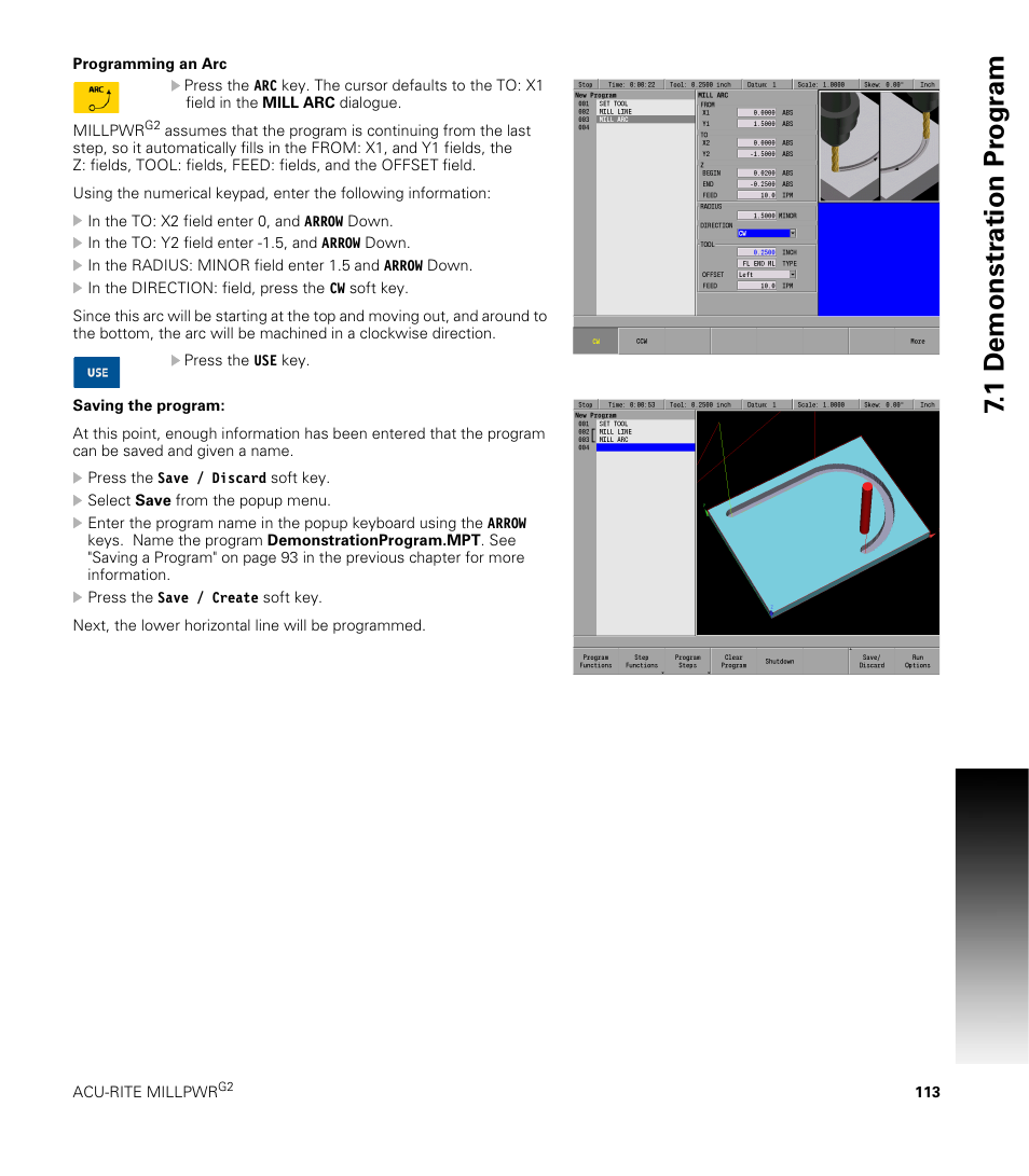 Programming an arc, 1 demonstr ation pr ogr am | ACU-RITE MILLPWRG2 User Manual | Page 131 / 214