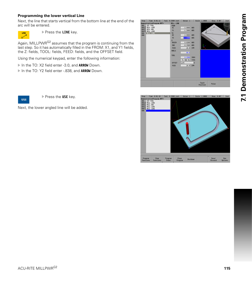 Programming the lower vertical line, 1 demonstr ation pr ogr am | ACU-RITE MILLPWRG2 User Manual | Page 133 / 214