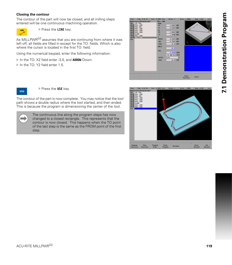 Closing the contour, 1 demonstr ation pr ogr am | ACU-RITE MILLPWRG2 User Manual | Page 137 / 214