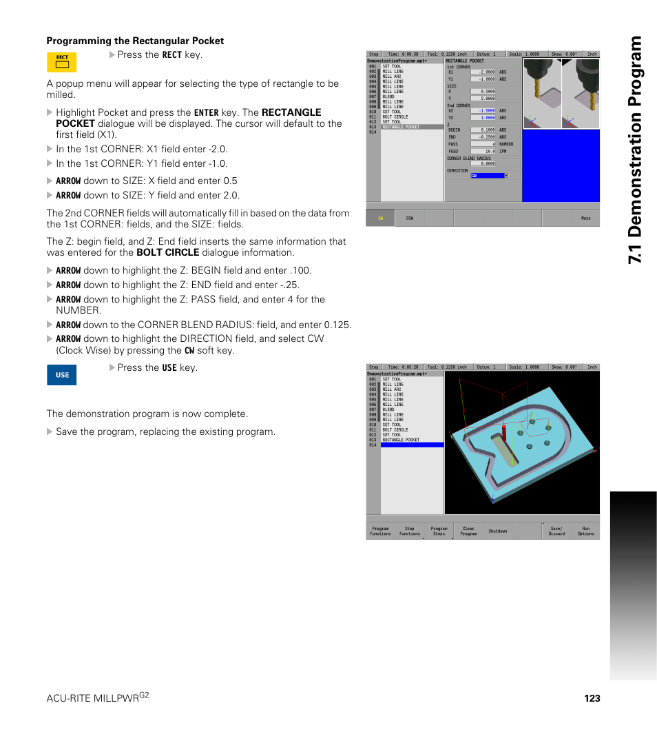 Programming the rectangular pocket, 1 demonstr ation pr ogr am | ACU-RITE MILLPWRG2 User Manual | Page 141 / 214