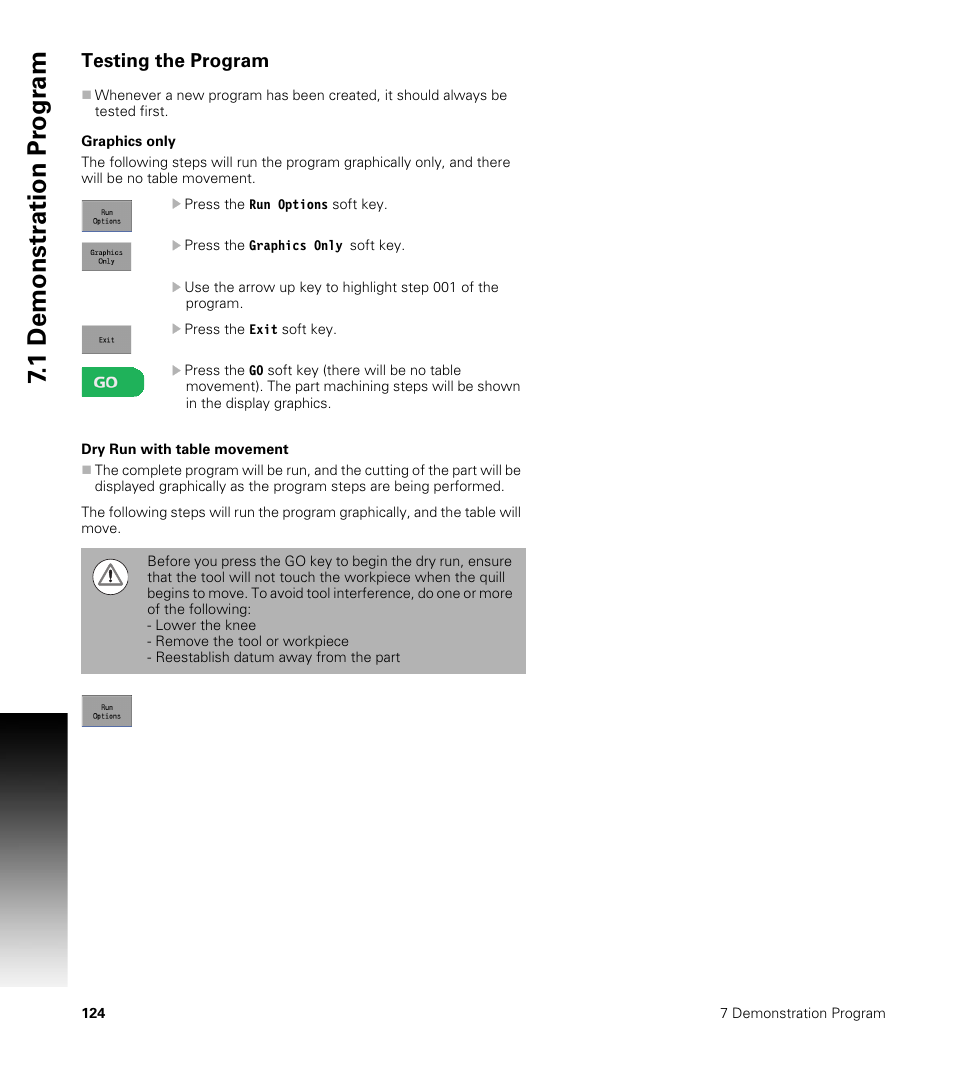 Testing the program, Graphics only, Dry run with table movement | Graphics only dry run with table movement, 1 demonstr ation pr ogr am | ACU-RITE MILLPWRG2 User Manual | Page 142 / 214