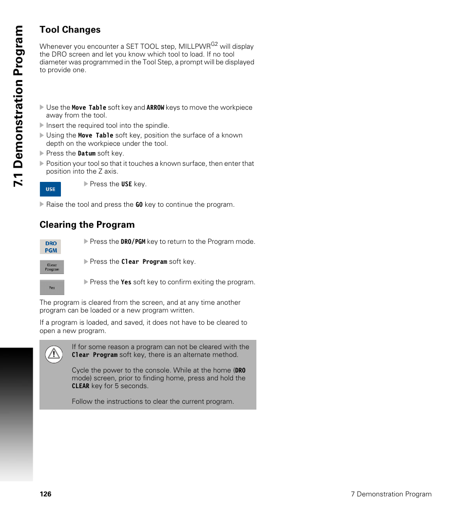 Tool changes, Clearing the program, 1 demonstr ation pr ogr am | ACU-RITE MILLPWRG2 User Manual | Page 144 / 214