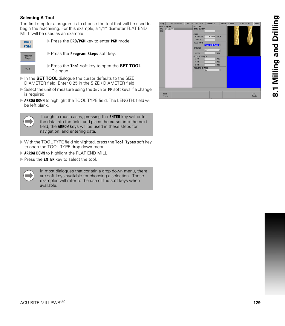 Selecting a tool, 1 milling and dr illing | ACU-RITE MILLPWRG2 User Manual | Page 147 / 214