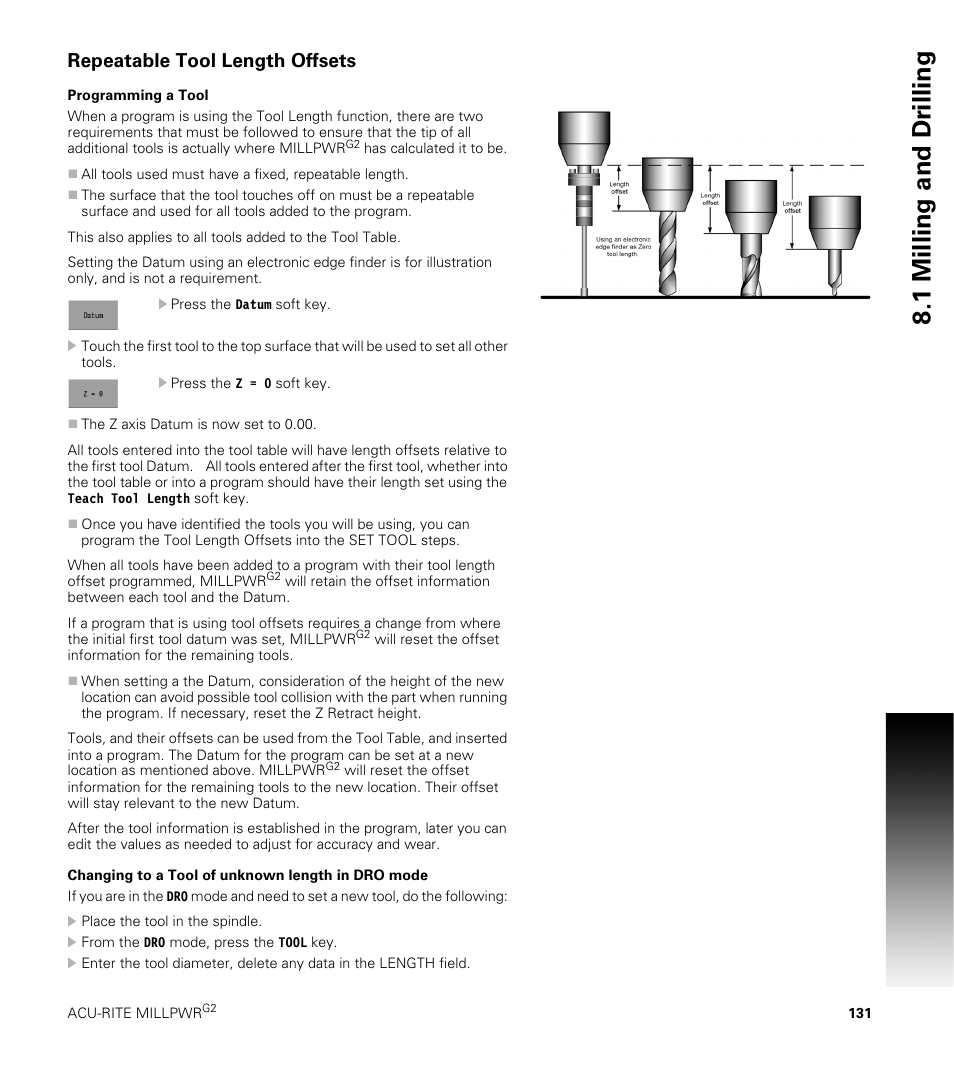 Repeatable tool length offsets, Programming a tool, Changing to a tool of unknown length in dro mode | 1 milling and dr illing | ACU-RITE MILLPWRG2 User Manual | Page 149 / 214
