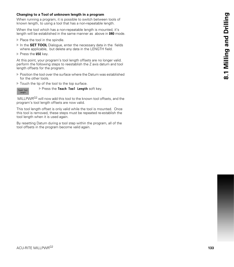 Changing to a tool of unknown length in a program, 1 milling and dr illing | ACU-RITE MILLPWRG2 User Manual | Page 151 / 214