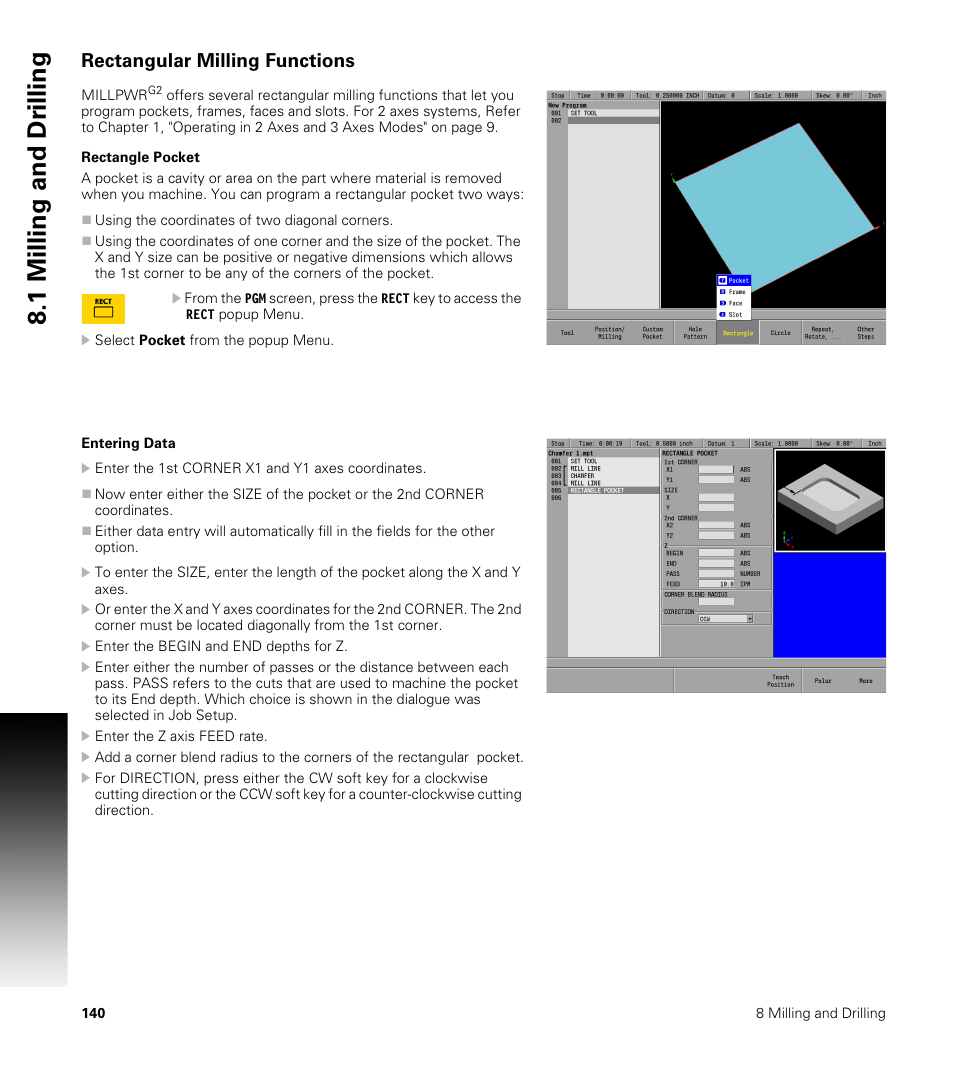 Rectangular milling functions, Rectangle pocket, 1 milling and dr illing | ACU-RITE MILLPWRG2 User Manual | Page 158 / 214