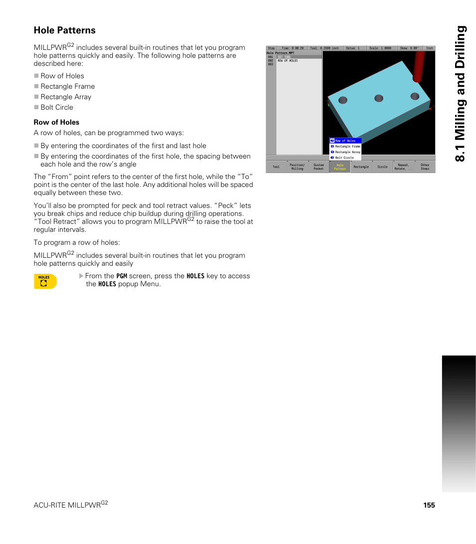 Hole patterns, Row of holes, 1 milling and dr illing | ACU-RITE MILLPWRG2 User Manual | Page 173 / 214