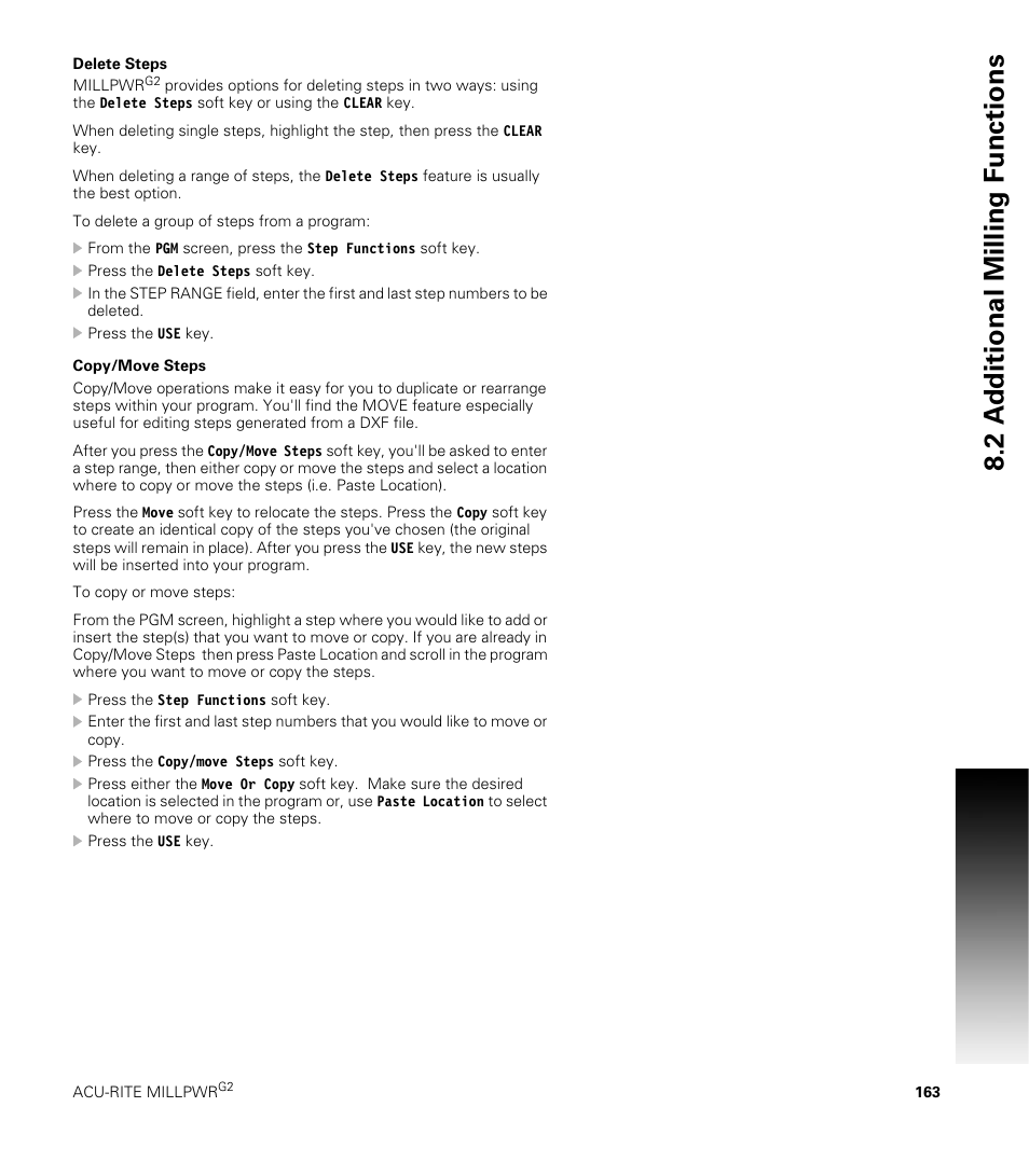 Delete steps, Copy/move steps, Delete steps copy/move steps | 2 a dditional milling f unctions | ACU-RITE MILLPWRG2 User Manual | Page 181 / 214