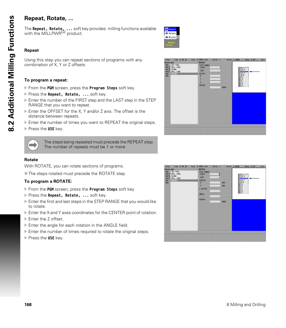 Repeat, rotate, Repeat, Rotate | Repeat rotate, 2 a d ditional milling f unctions | ACU-RITE MILLPWRG2 User Manual | Page 186 / 214