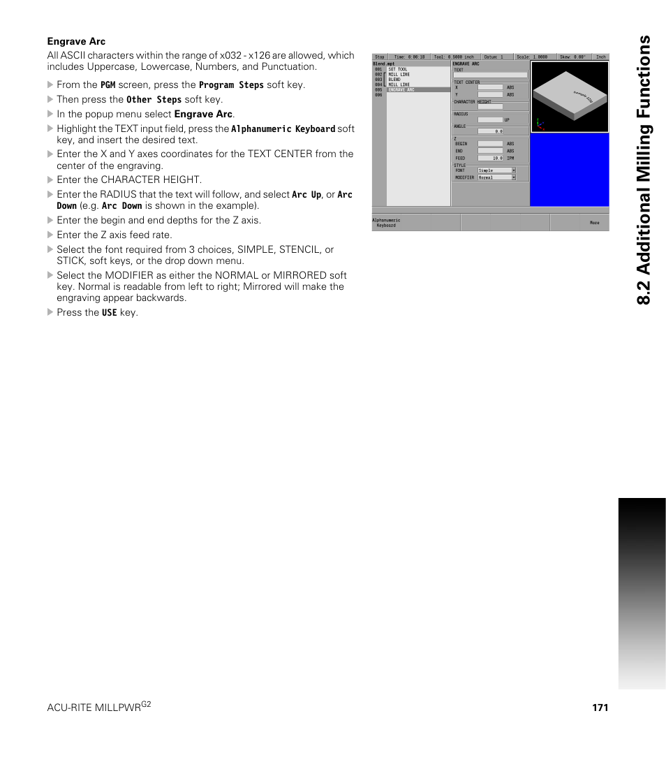 Engrave arc, 2 a dditional milling f unctions | ACU-RITE MILLPWRG2 User Manual | Page 189 / 214