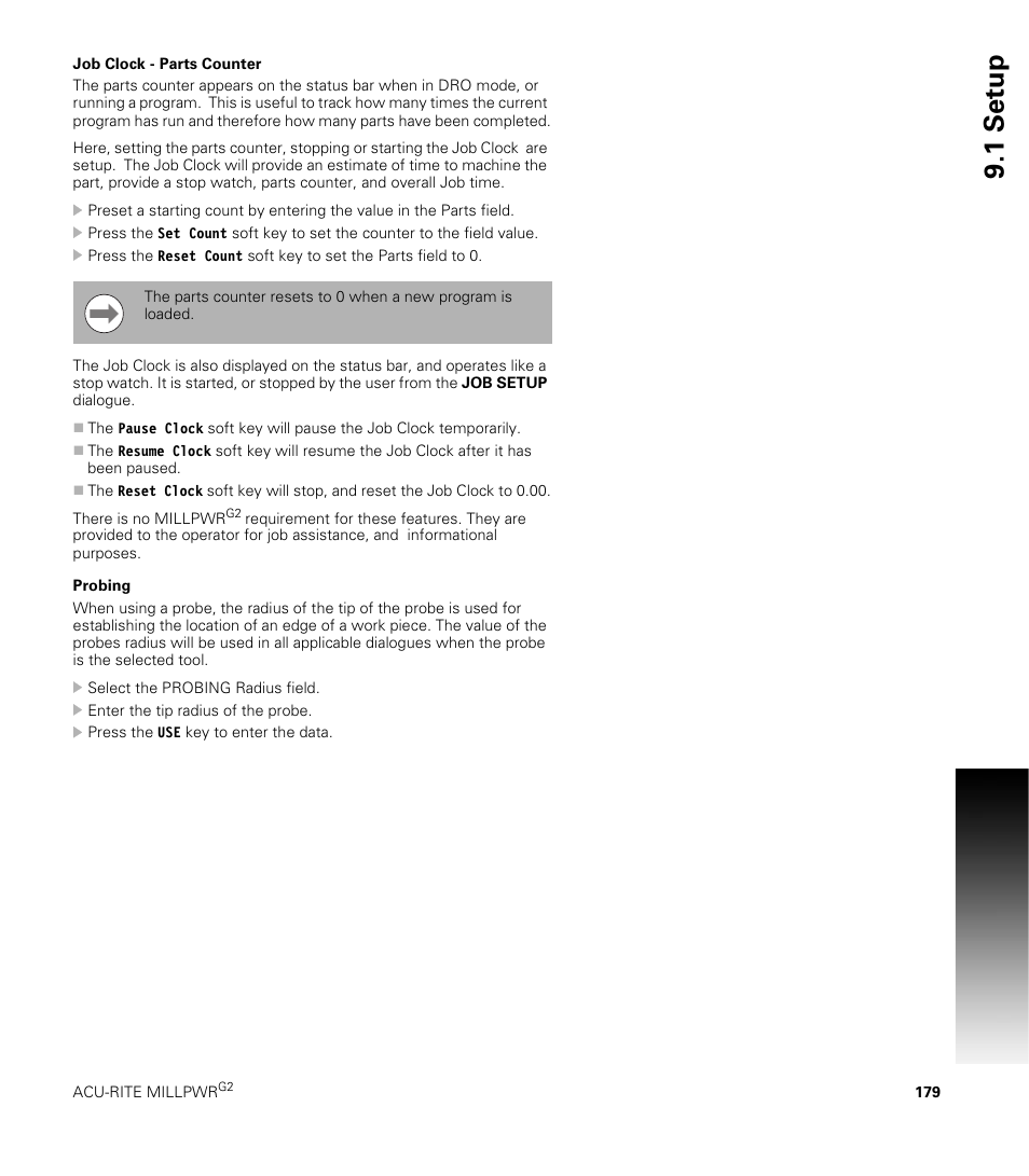 Job clock - parts counter, Probing, Job clock - parts counter probing | 1 set u p | ACU-RITE MILLPWRG2 User Manual | Page 197 / 214