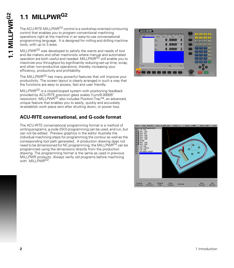 1 millpwrg2, Acu-rite conversational, and g-code format, 1 millpwr | ACU-RITE MILLPWRG2 User Manual | Page 20 / 214