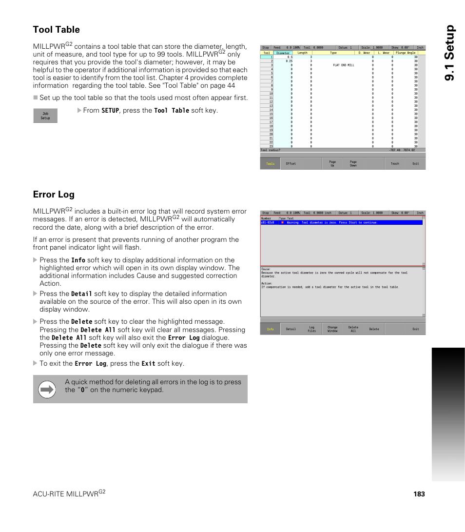 Tool table, Error log, 1 set u p | ACU-RITE MILLPWRG2 User Manual | Page 201 / 214