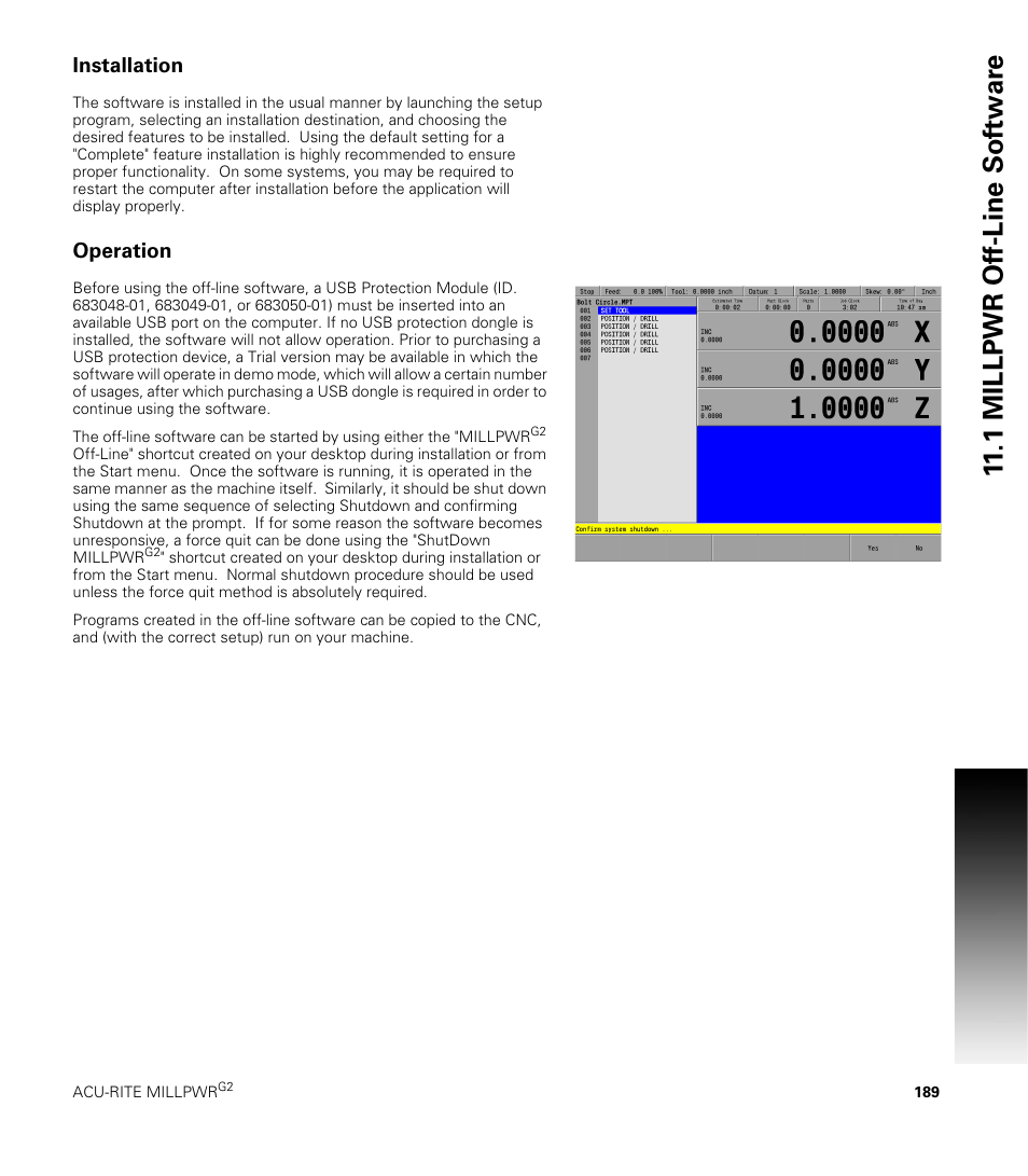 Installation, Operation, 1 millpwr of f-line sof tw a re | ACU-RITE MILLPWRG2 User Manual | Page 207 / 214