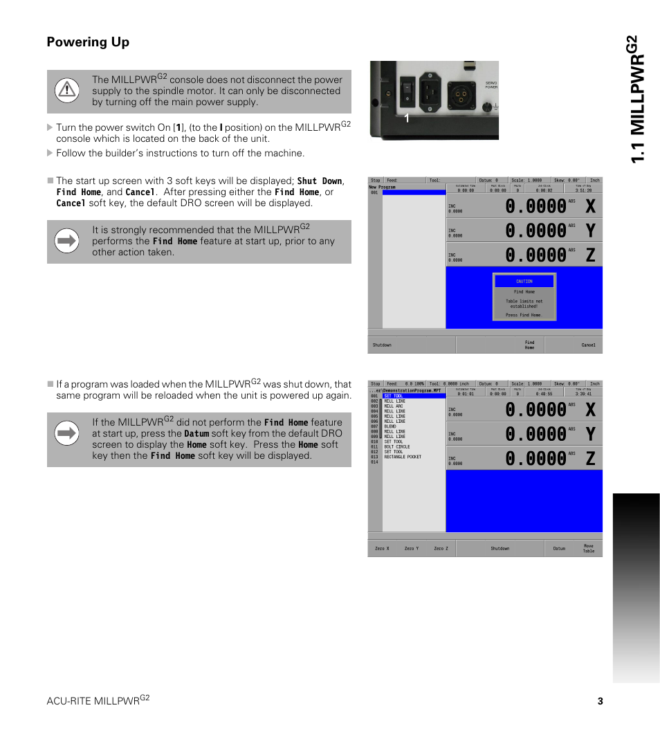 Powering up, 1 millpwr | ACU-RITE MILLPWRG2 User Manual | Page 21 / 214