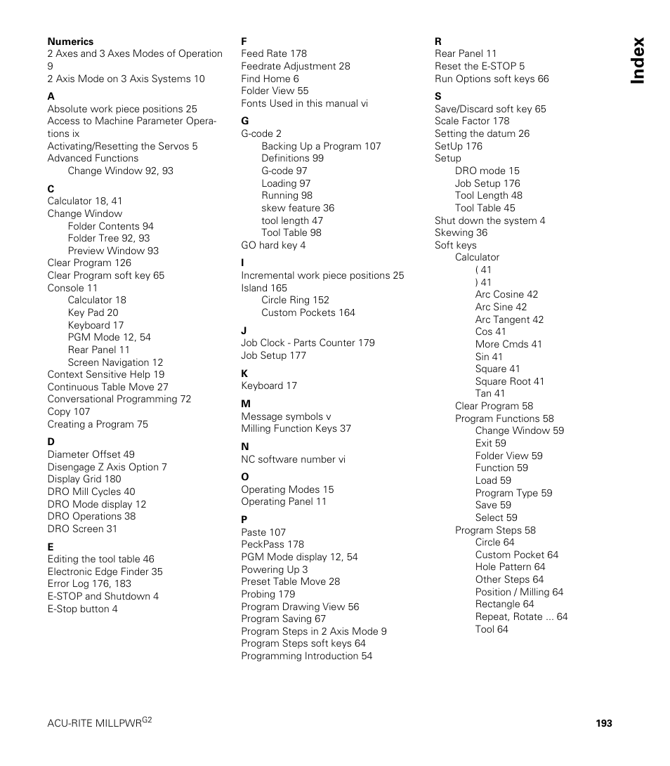 Index | ACU-RITE MILLPWRG2 User Manual | Page 211 / 214