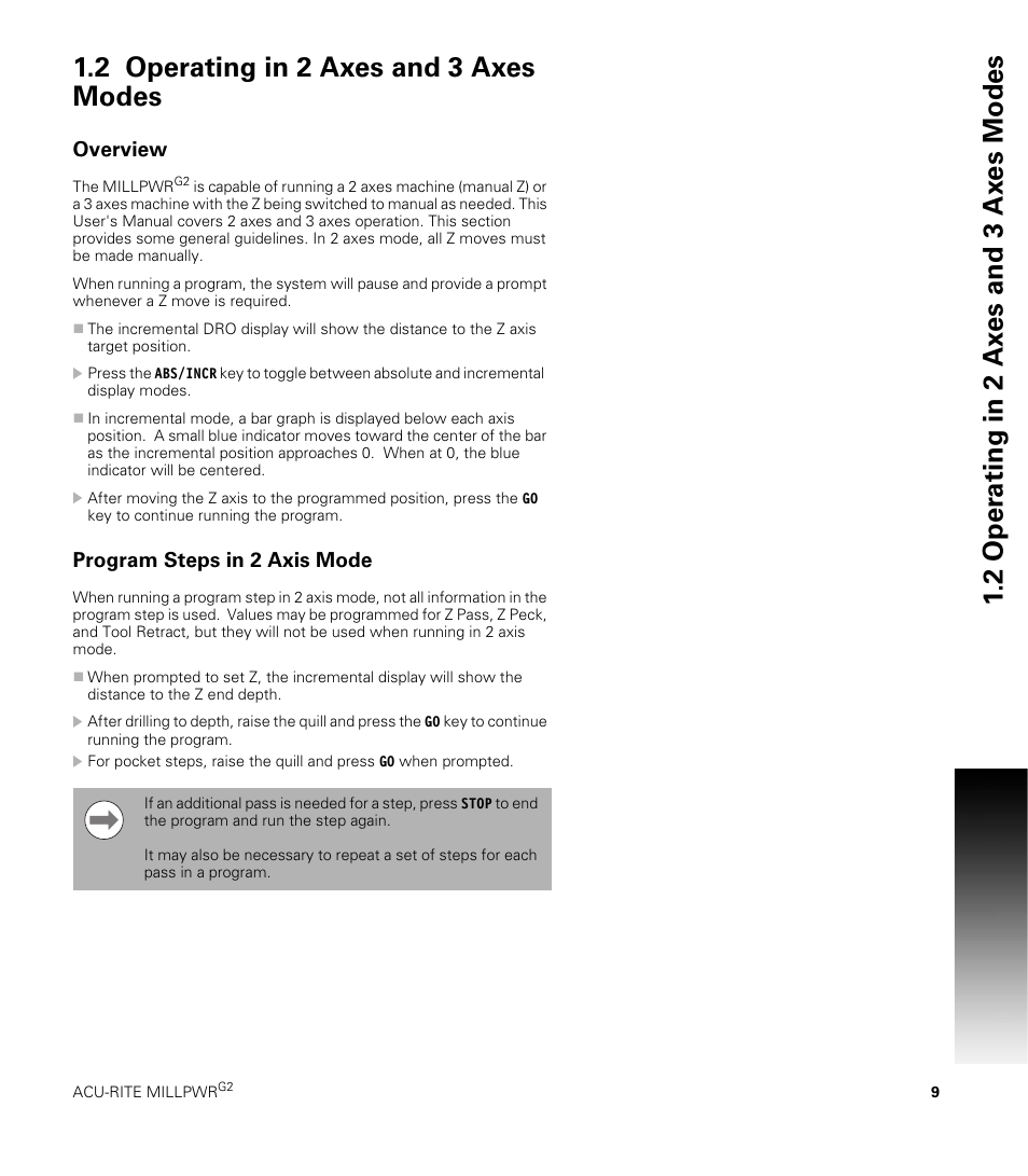 2 operating in 2 axes and 3 axes modes, Overview, Program steps in 2 axis mode | ACU-RITE MILLPWRG2 User Manual | Page 27 / 214