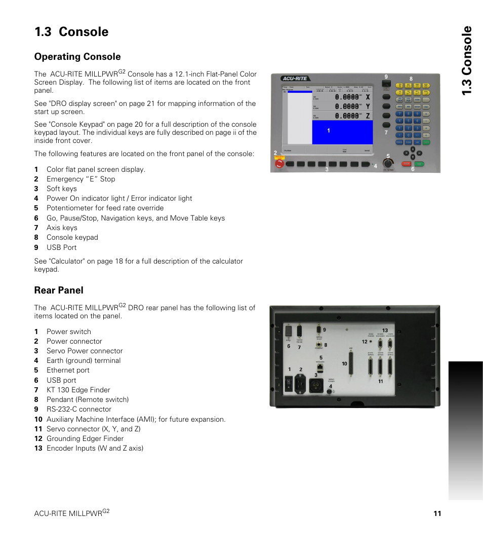 3 console, Operating console, Rear panel | ACU-RITE MILLPWRG2 User Manual | Page 29 / 214