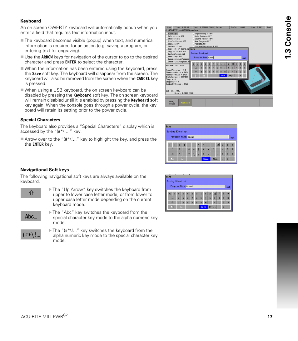 Keyboard, Special characters, Navigational soft keys | Keyboard special characters navigational soft keys, 3 console | ACU-RITE MILLPWRG2 User Manual | Page 35 / 214