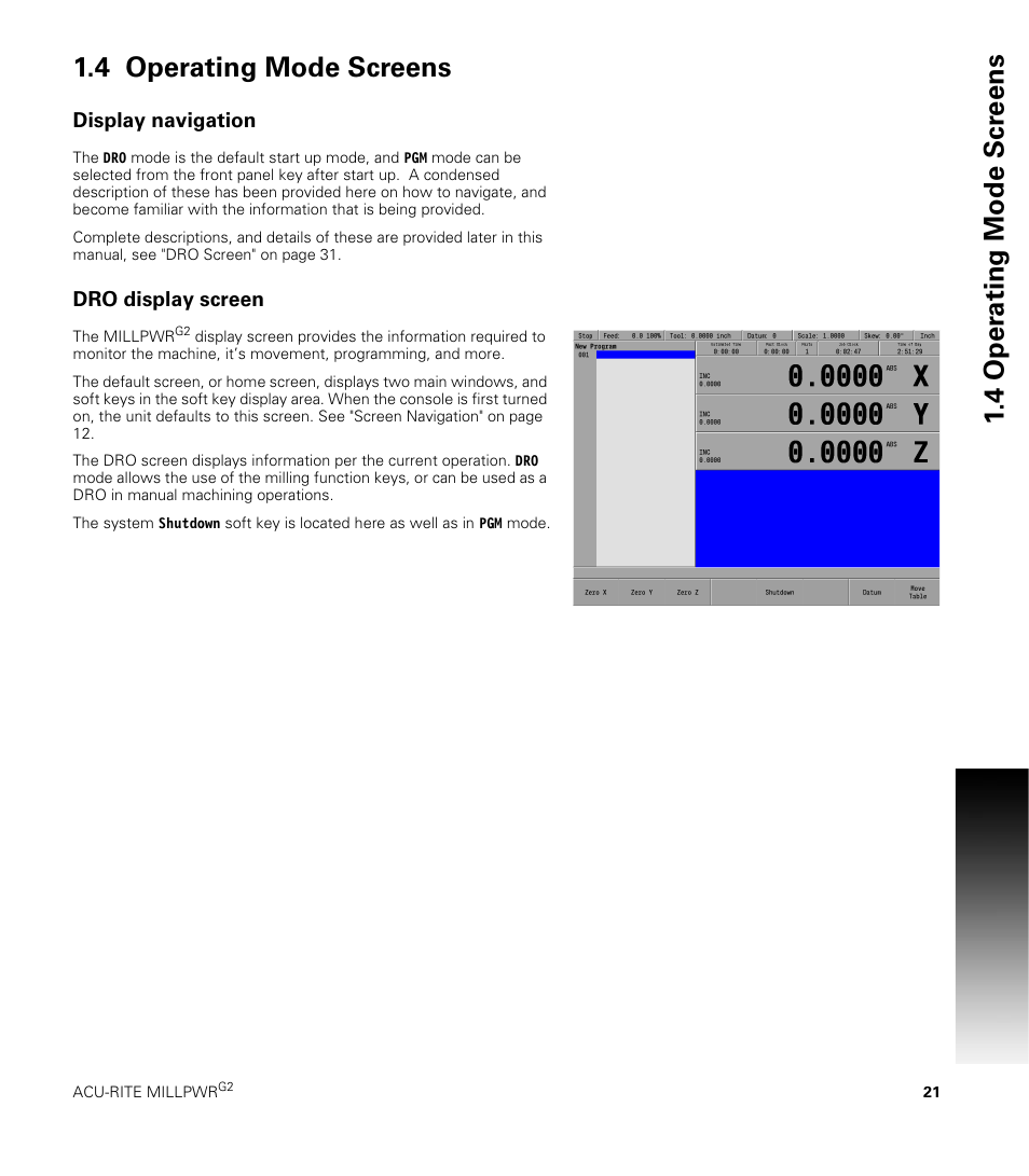 4 operating mode screens, Display navigation, Dro display screen | ACU-RITE MILLPWRG2 User Manual | Page 39 / 214