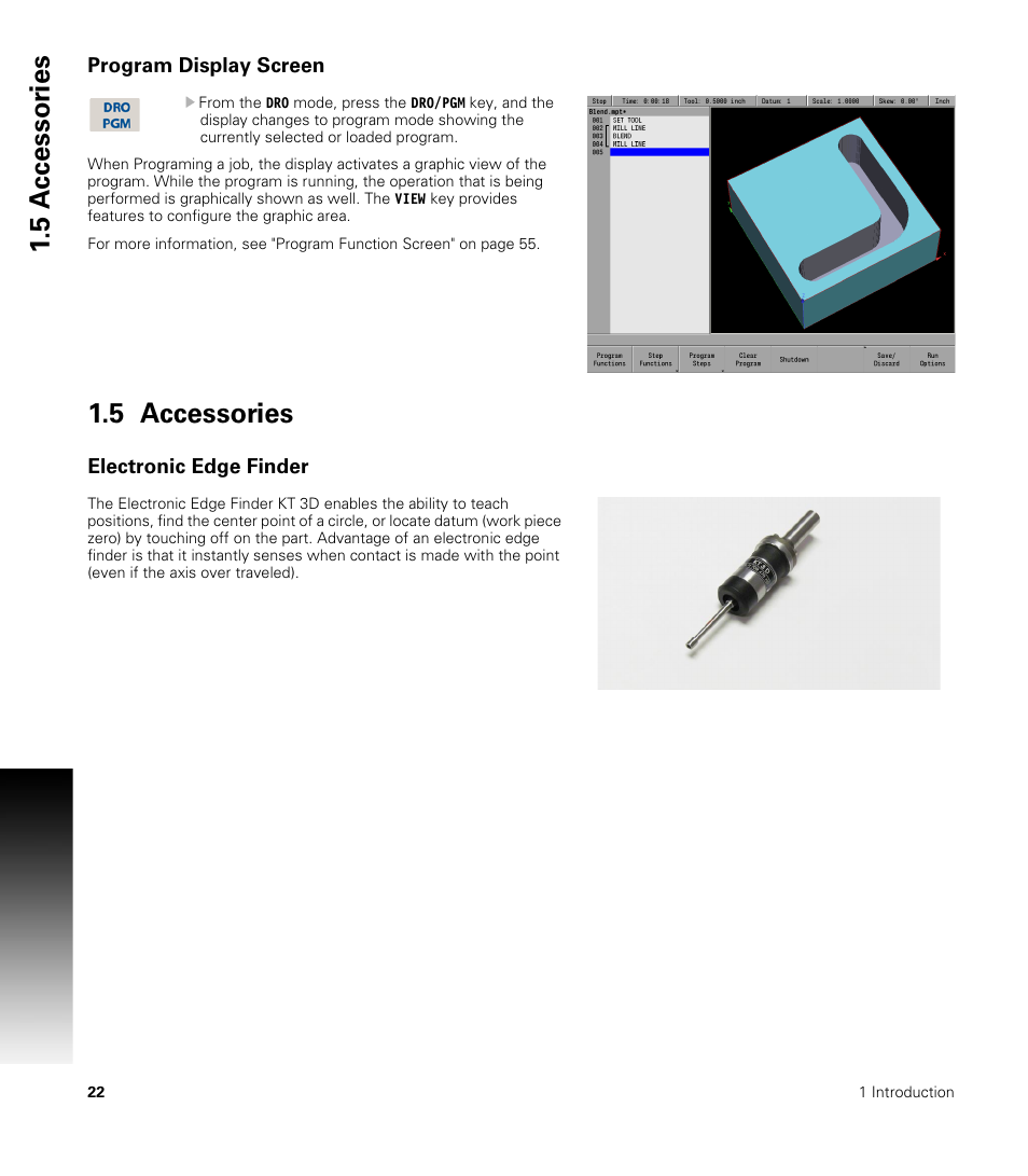 Program display screen, 5 accessories, Electronic edge finder | 5 a c cessor ies | ACU-RITE MILLPWRG2 User Manual | Page 40 / 214