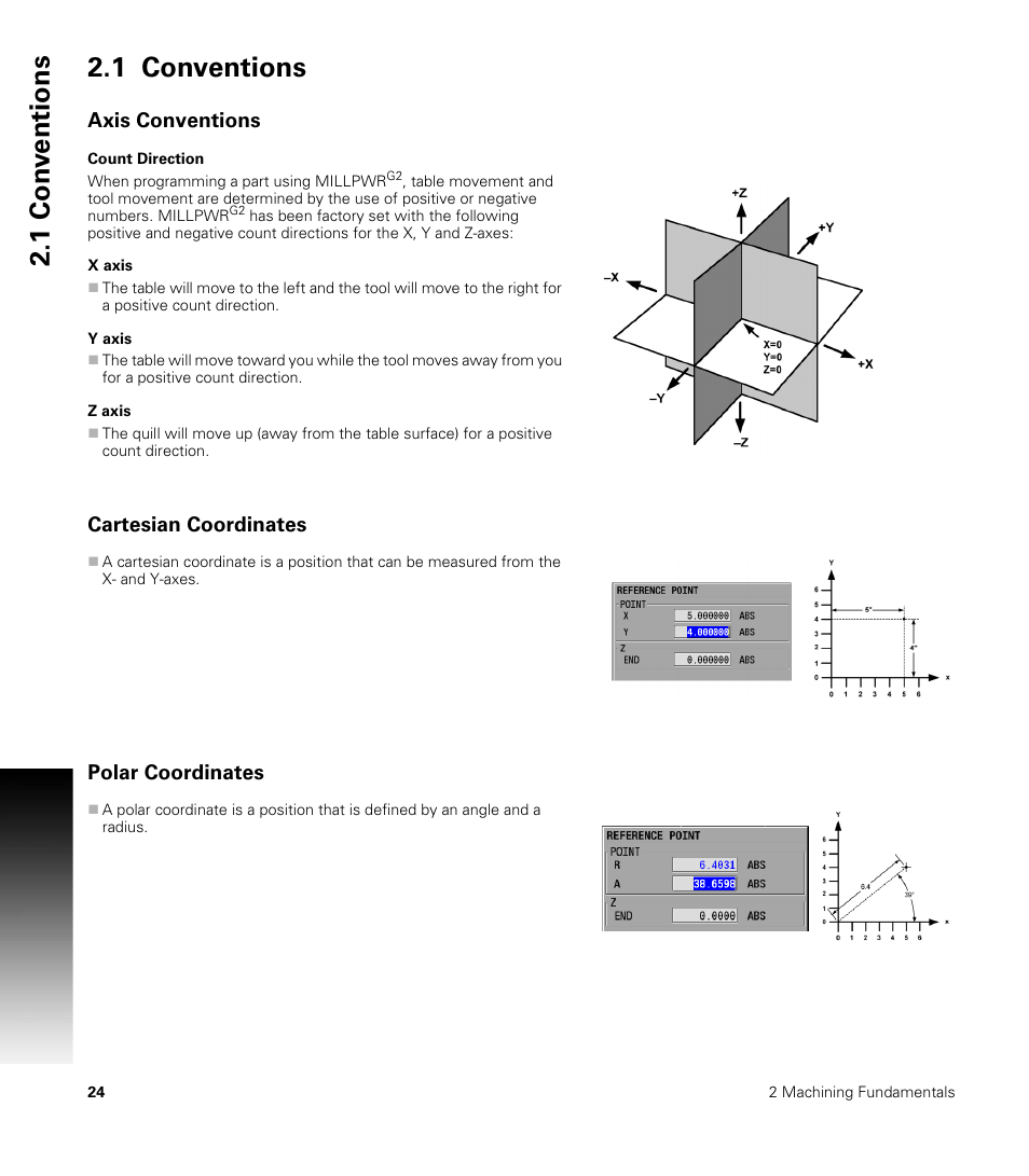 1 conventions, Axis conventions, Count direction | X axis, Y axis, Z axis, Cartesian coordinates, Polar coordinates, Count direction x axis y axis z axis, 1 con v entions 2.1 conventions | ACU-RITE MILLPWRG2 User Manual | Page 42 / 214