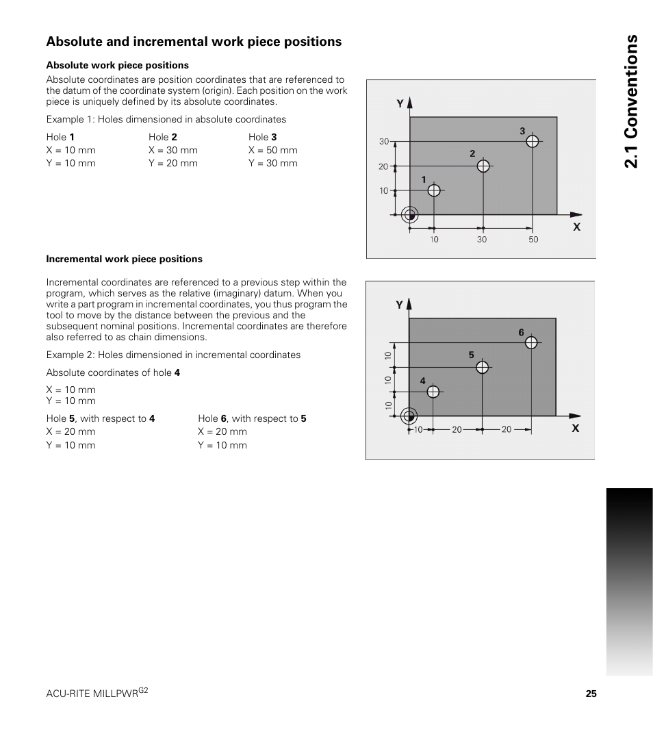 Absolute and incremental work piece positions, Absolute work piece positions, Incremental work piece positions | 1 con v entions | ACU-RITE MILLPWRG2 User Manual | Page 43 / 214