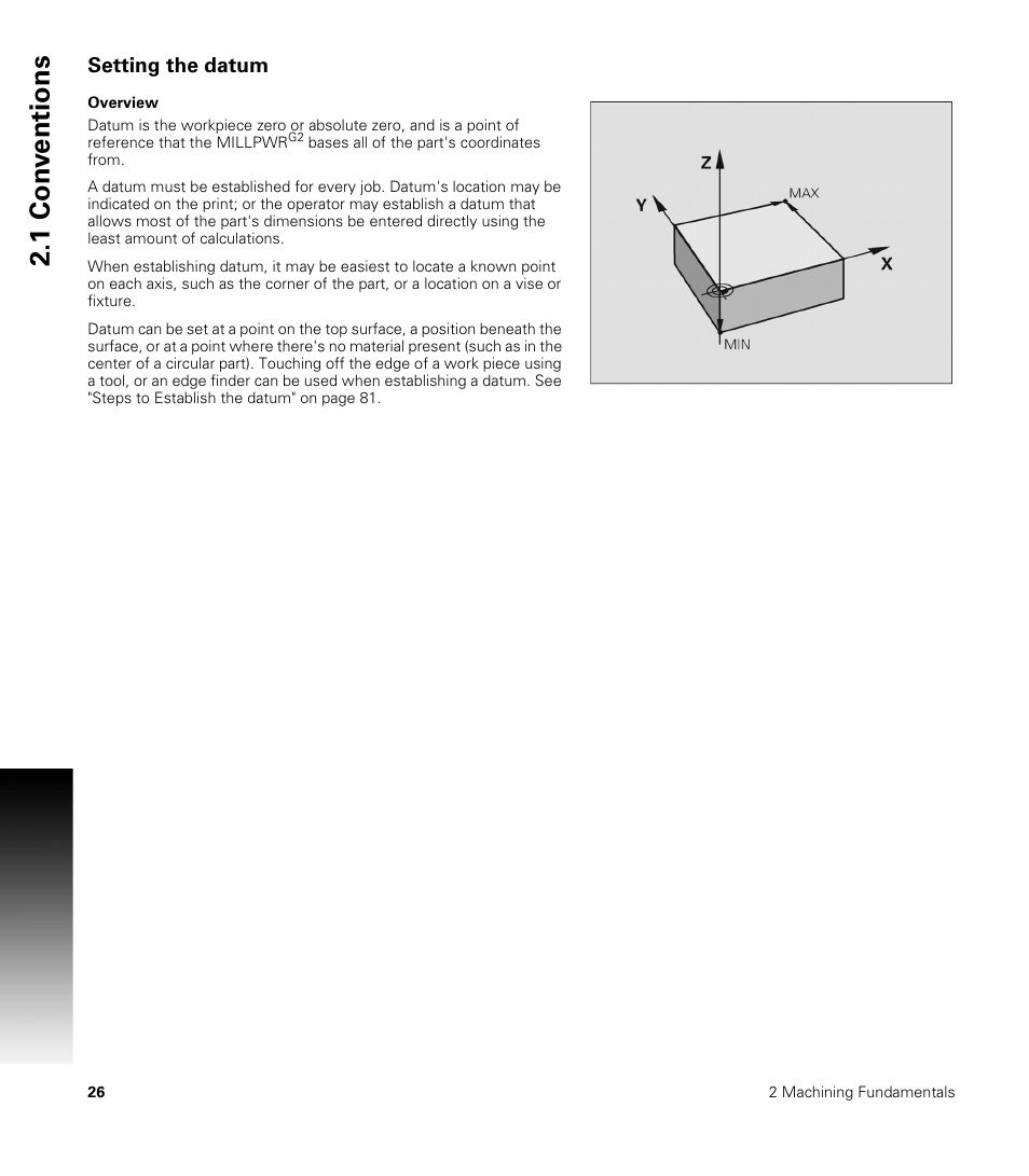 Setting the datum, Overview, 1 con v entions | ACU-RITE MILLPWRG2 User Manual | Page 44 / 214