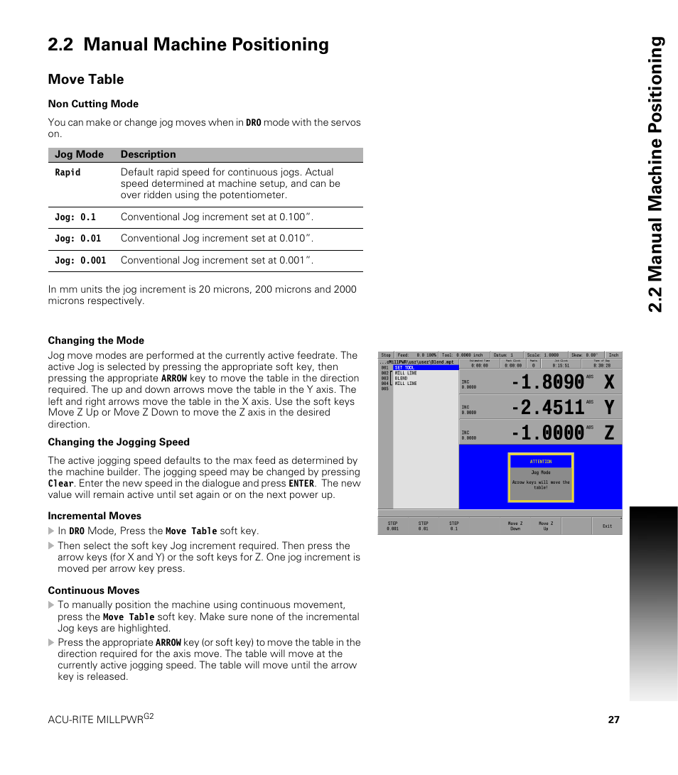 2 manual machine positioning, Move table, Changing the mode | Incremental moves, Continuous moves | ACU-RITE MILLPWRG2 User Manual | Page 45 / 214