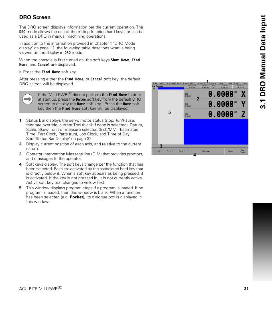 Dro screen, 1 dr o manual d a ta input | ACU-RITE MILLPWRG2 User Manual | Page 49 / 214