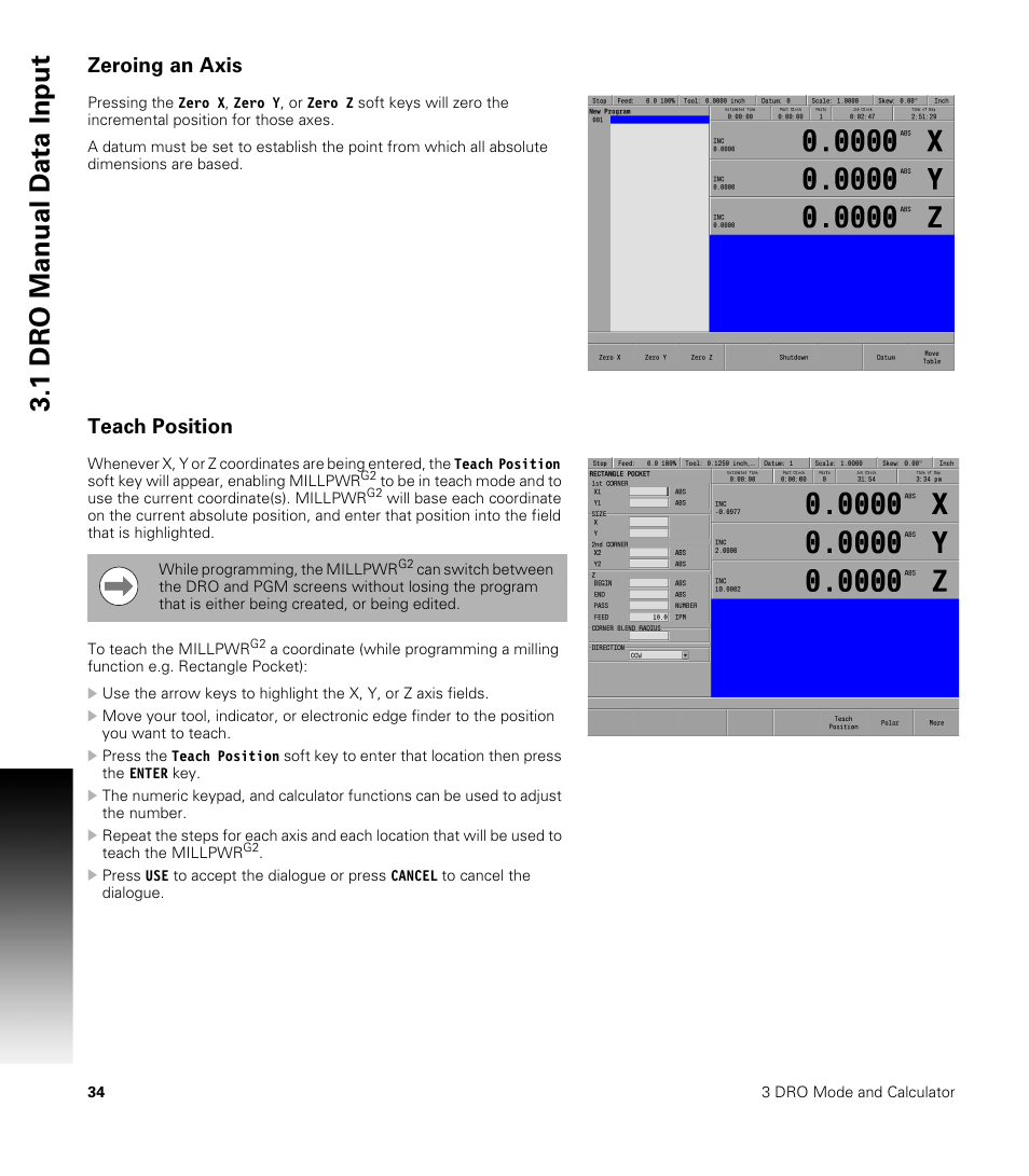 Zeroing an axis, Teach position, 1 dr o manual d a ta input | ACU-RITE MILLPWRG2 User Manual | Page 52 / 214