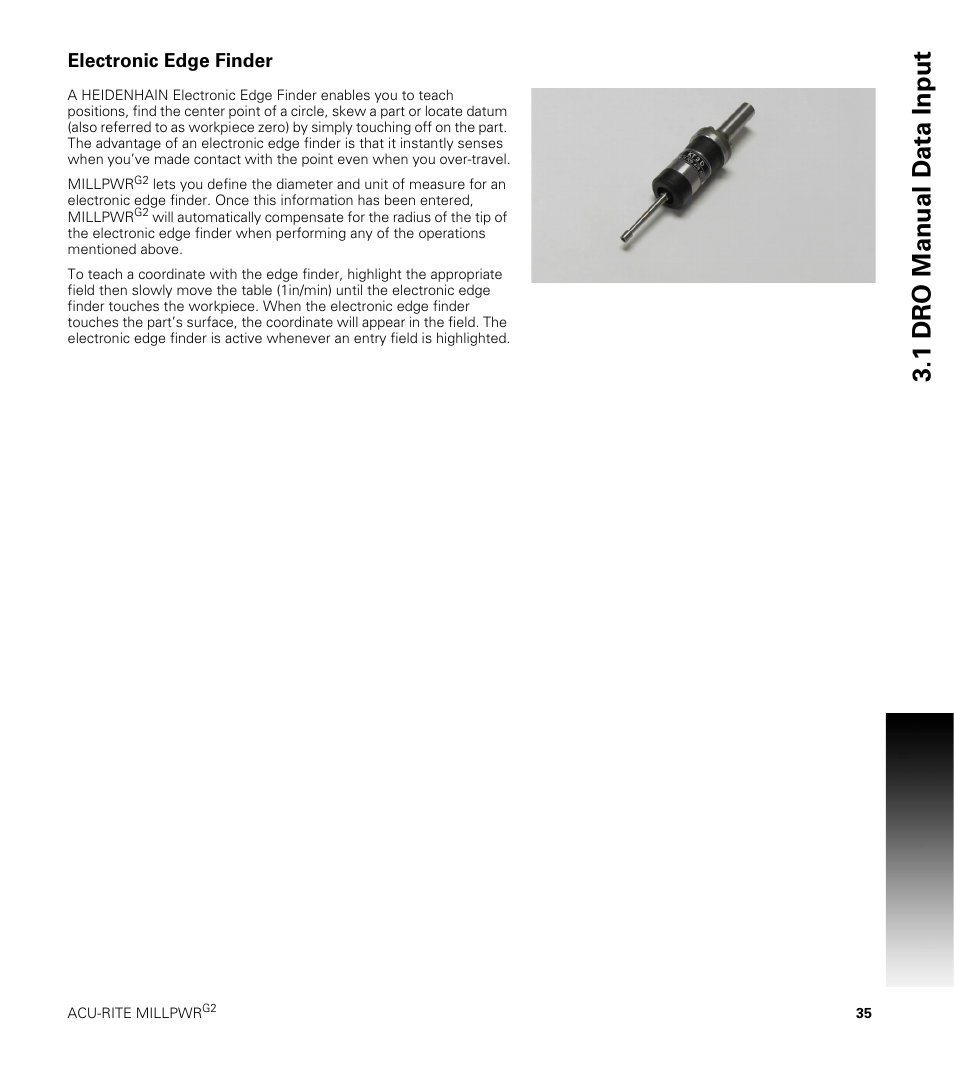 Electronic edge finder, 1 dr o manual d a ta input | ACU-RITE MILLPWRG2 User Manual | Page 53 / 214