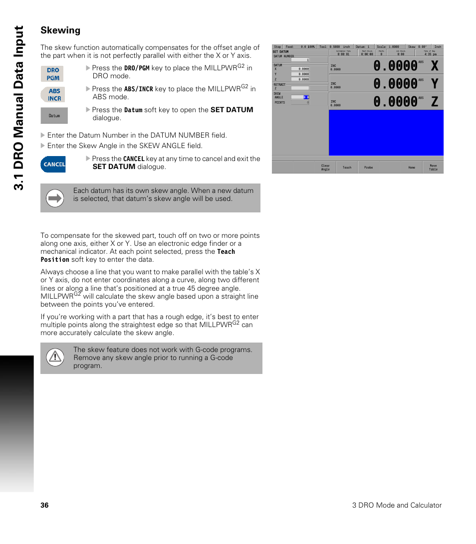 Skewing, 1 dr o manual d a ta input | ACU-RITE MILLPWRG2 User Manual | Page 54 / 214