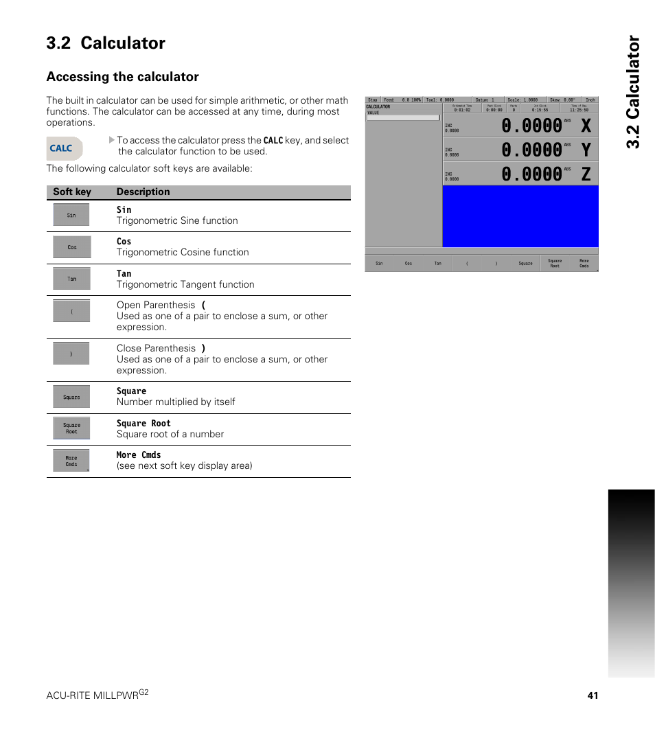 2 calculator, Accessing the calculator, 2 calculat or 3.2 calculator | ACU-RITE MILLPWRG2 User Manual | Page 59 / 214