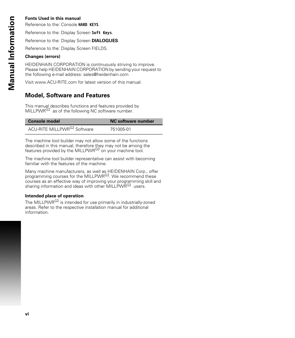 Fonts used in this manual, Model, software and features, Intended place of operation | Manual inf o rm ation | ACU-RITE MILLPWRG2 User Manual | Page 6 / 214