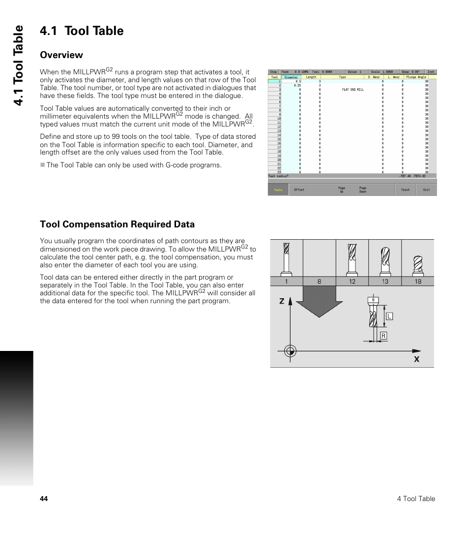 1 tool table, Overview, Tool compensation required data | 1 t o ol t a ble 4.1 tool table | ACU-RITE MILLPWRG2 User Manual | Page 62 / 214