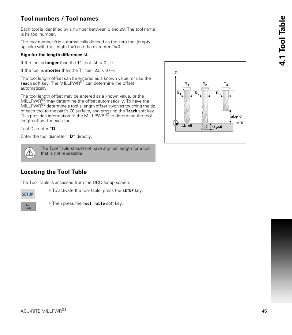 Tool numbers / tool names, Locating the tool table, 1 t ool t a ble | ACU-RITE MILLPWRG2 User Manual | Page 63 / 214