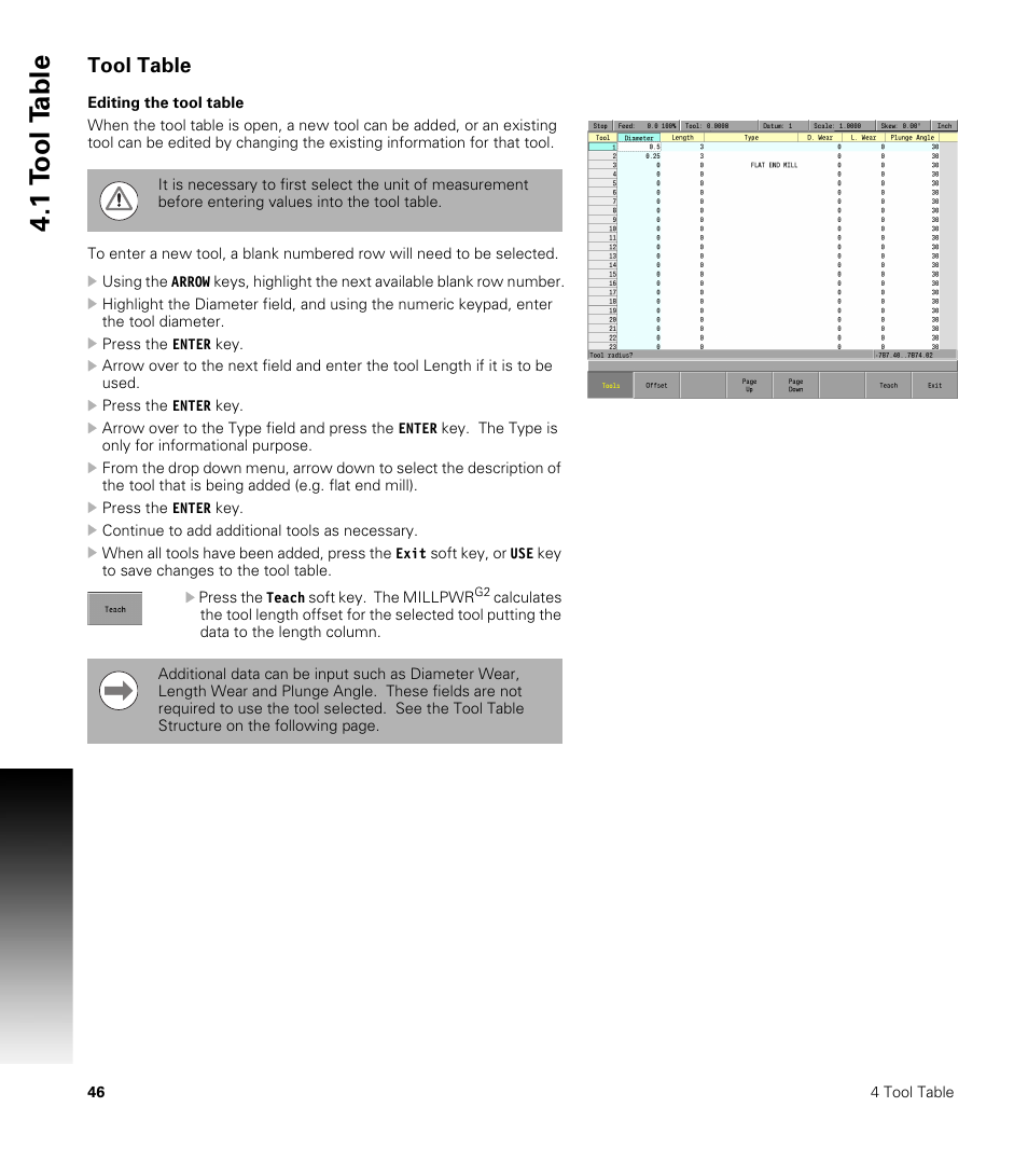 Tool table, Editing the tool table, 1 t o ol t a ble | ACU-RITE MILLPWRG2 User Manual | Page 64 / 214
