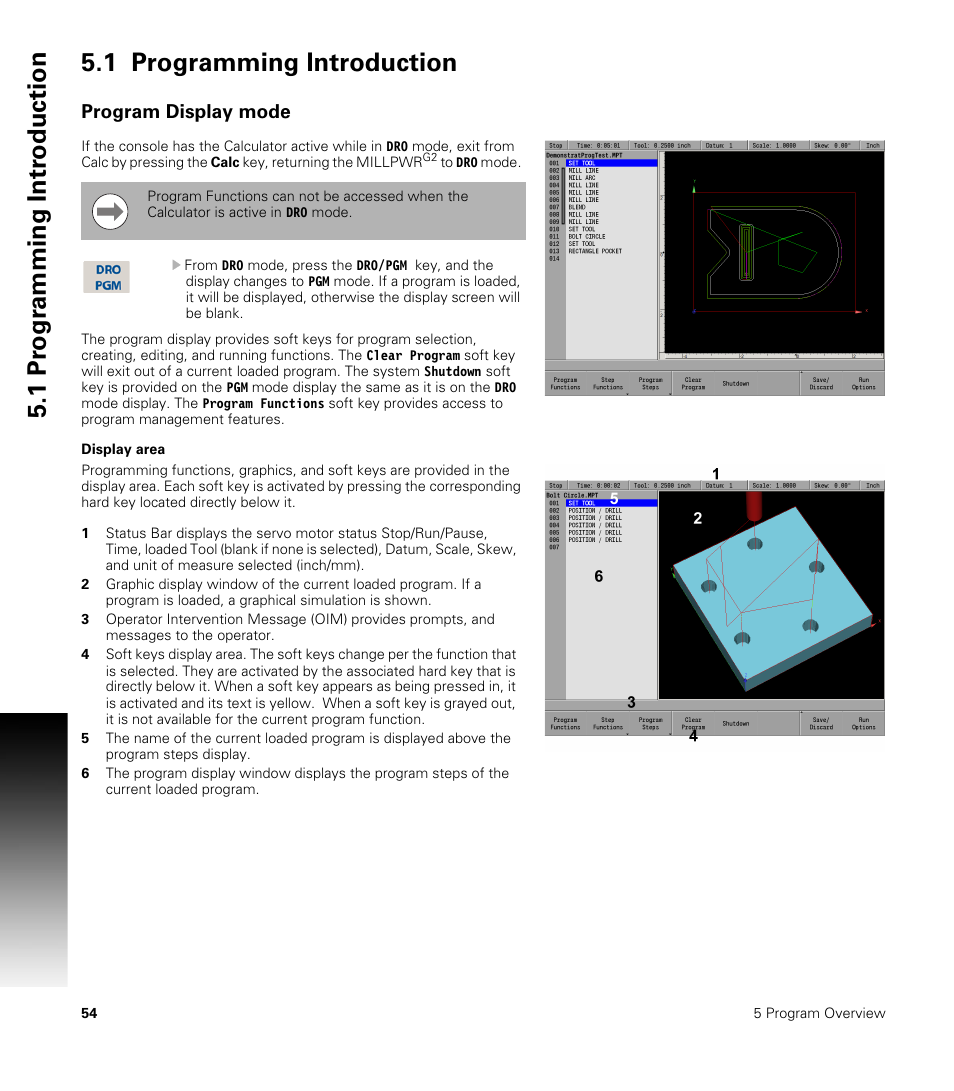 1 programming introduction, Program display mode, Display area | ACU-RITE MILLPWRG2 User Manual | Page 72 / 214