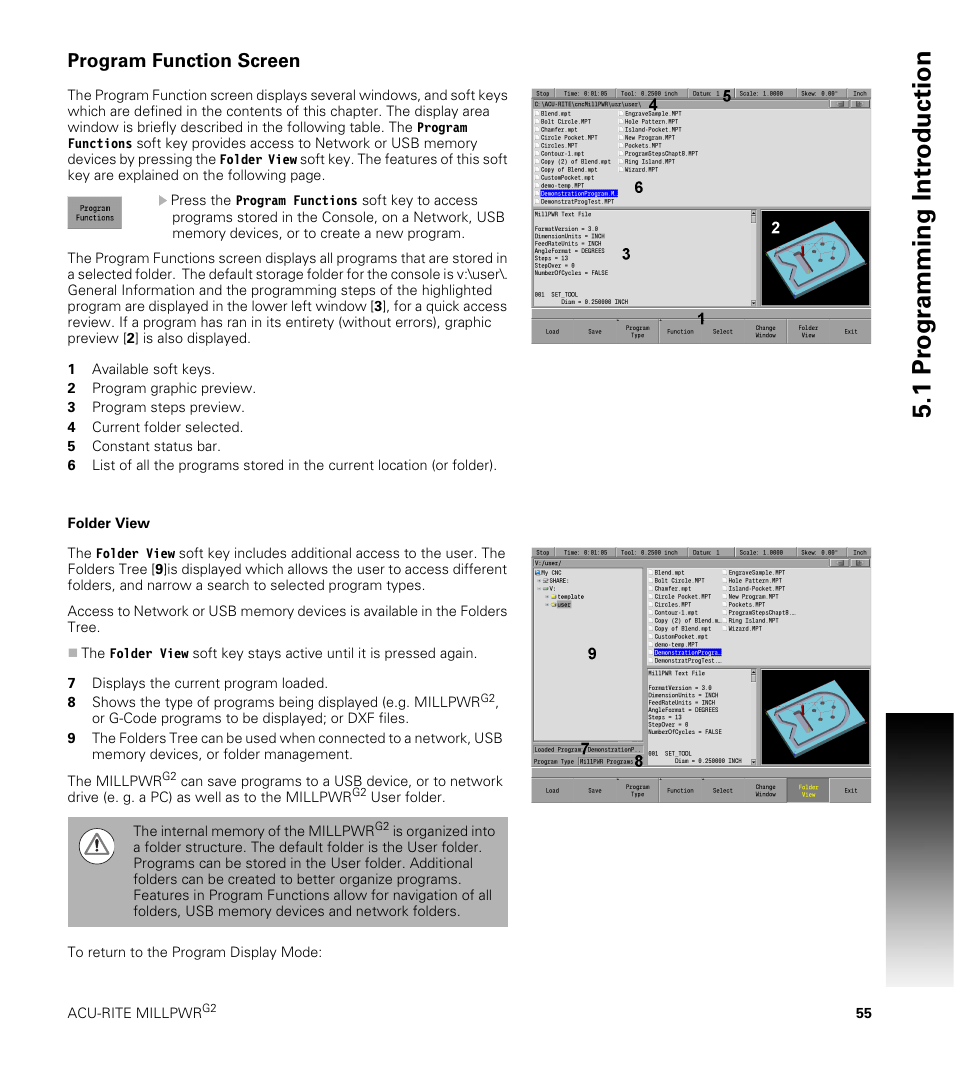 Program function screen, Folder view, 1 pr ogr a mming intr oduction | ACU-RITE MILLPWRG2 User Manual | Page 73 / 214