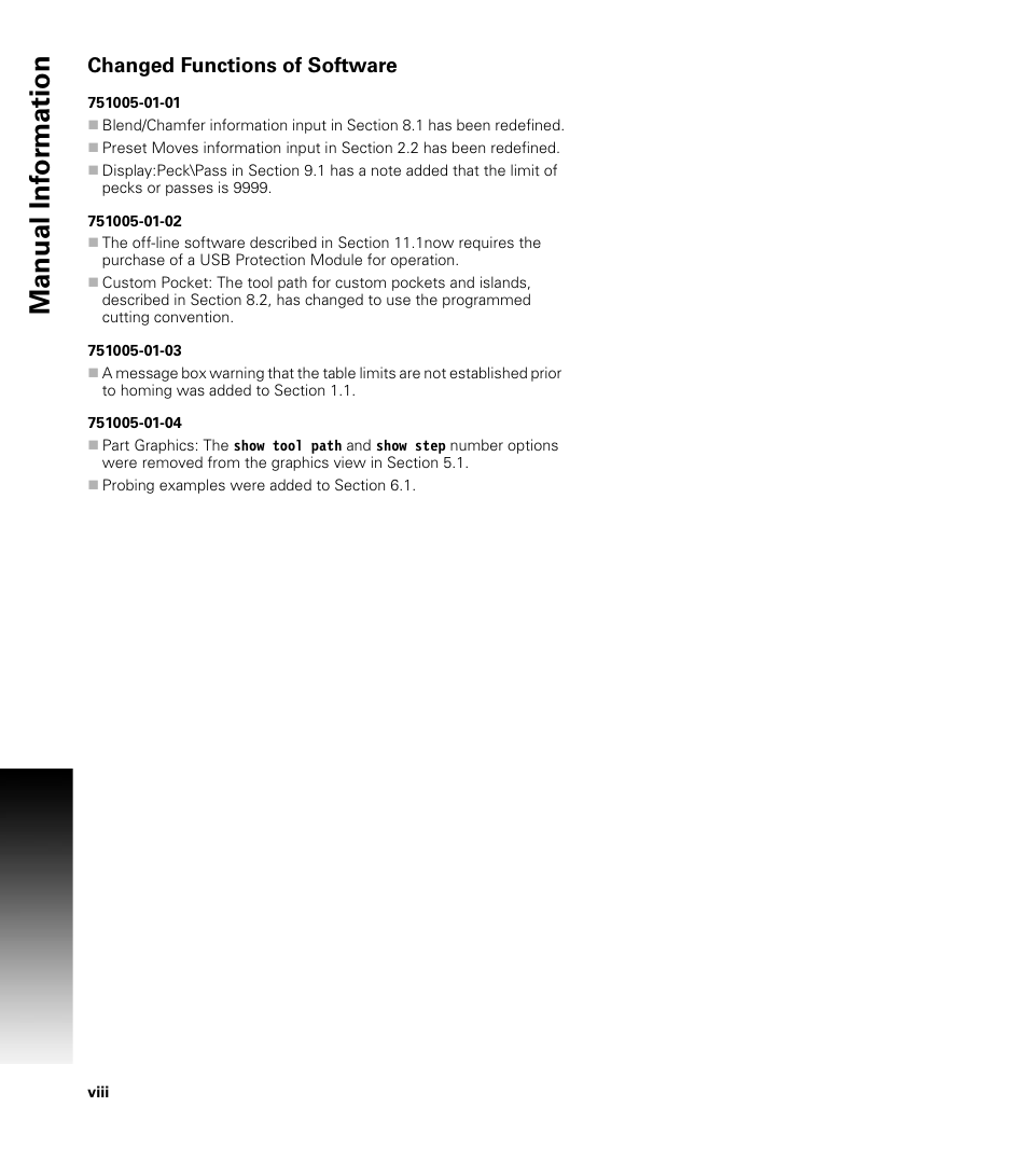 Changed functions of software, Manual inf o rm ation | ACU-RITE MILLPWRG2 User Manual | Page 8 / 214