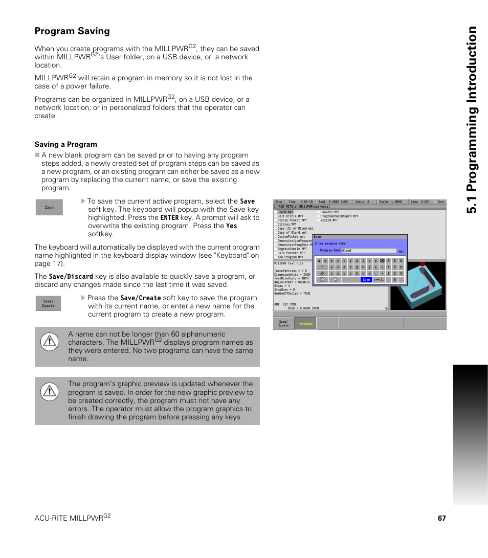 Program saving, Saving a program, 1 pr ogr a mming intr oduction | ACU-RITE MILLPWRG2 User Manual | Page 85 / 214