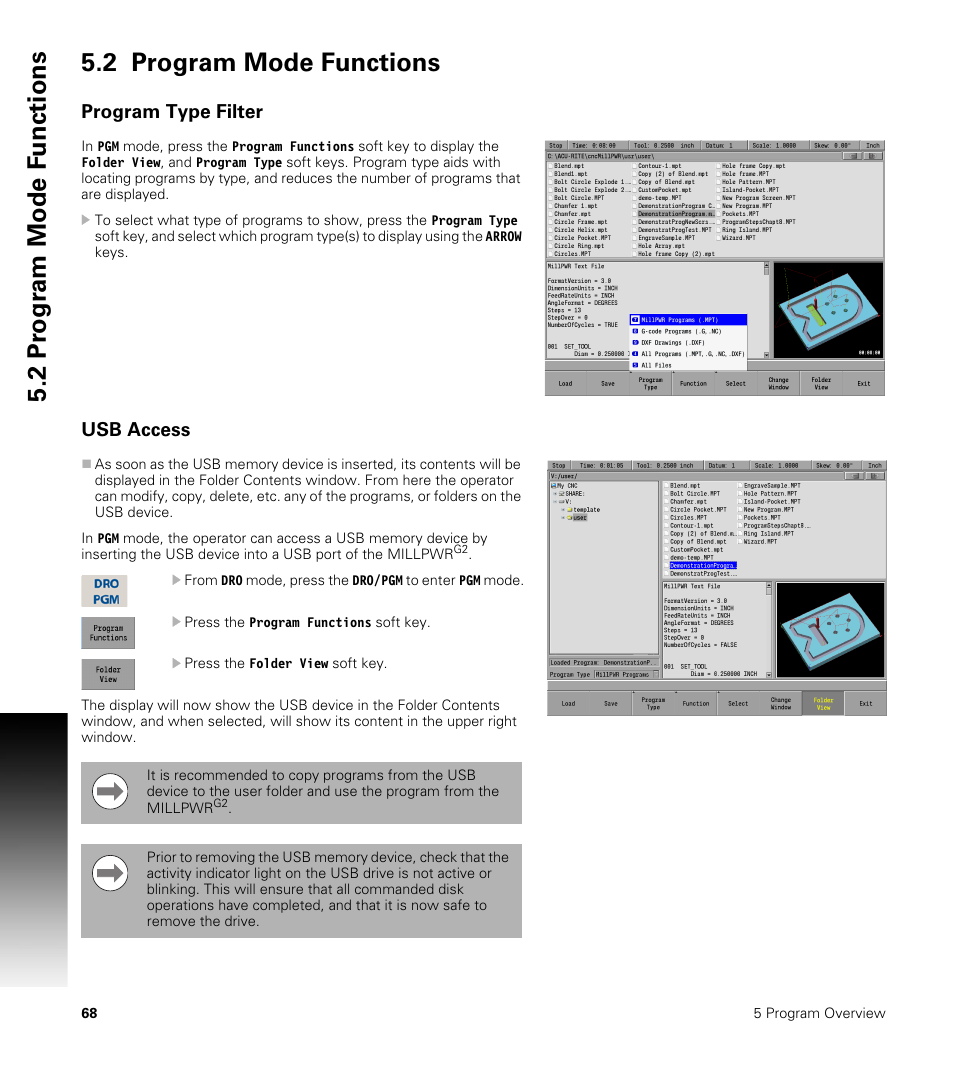 2 program mode functions, Program type filter, Usb access | ACU-RITE MILLPWRG2 User Manual | Page 86 / 214